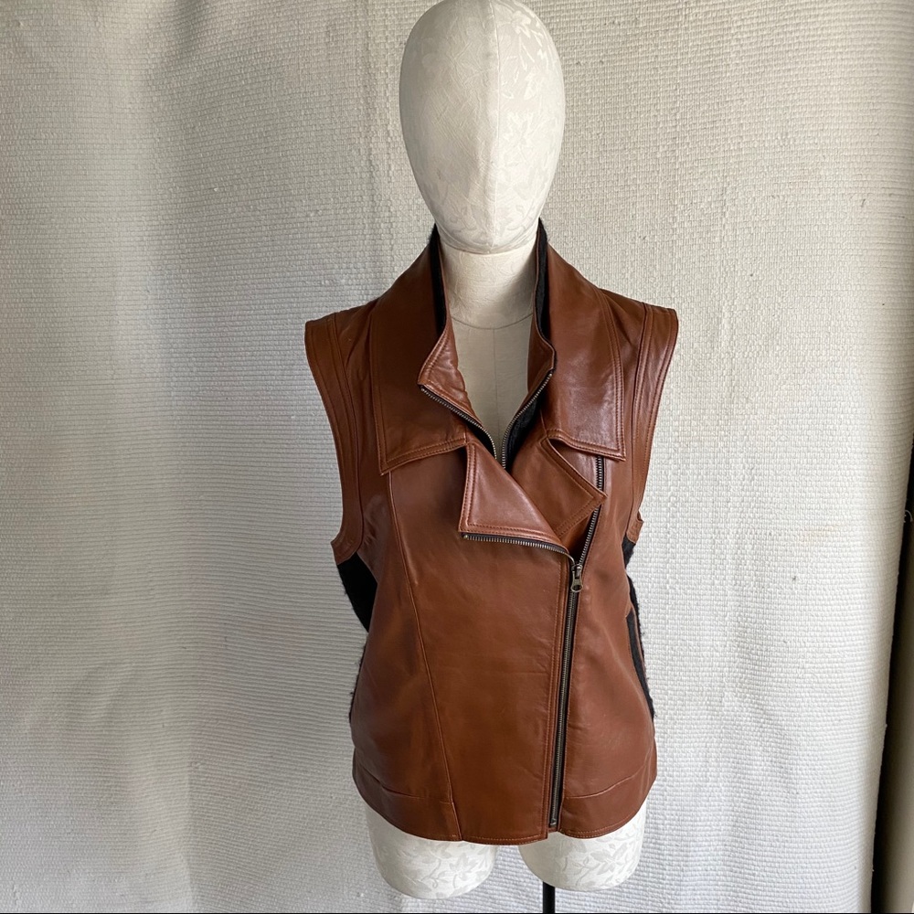 VTG 90s M Leather Wool Sleeveless Moto Jacket Vest - Picture 8 of 8